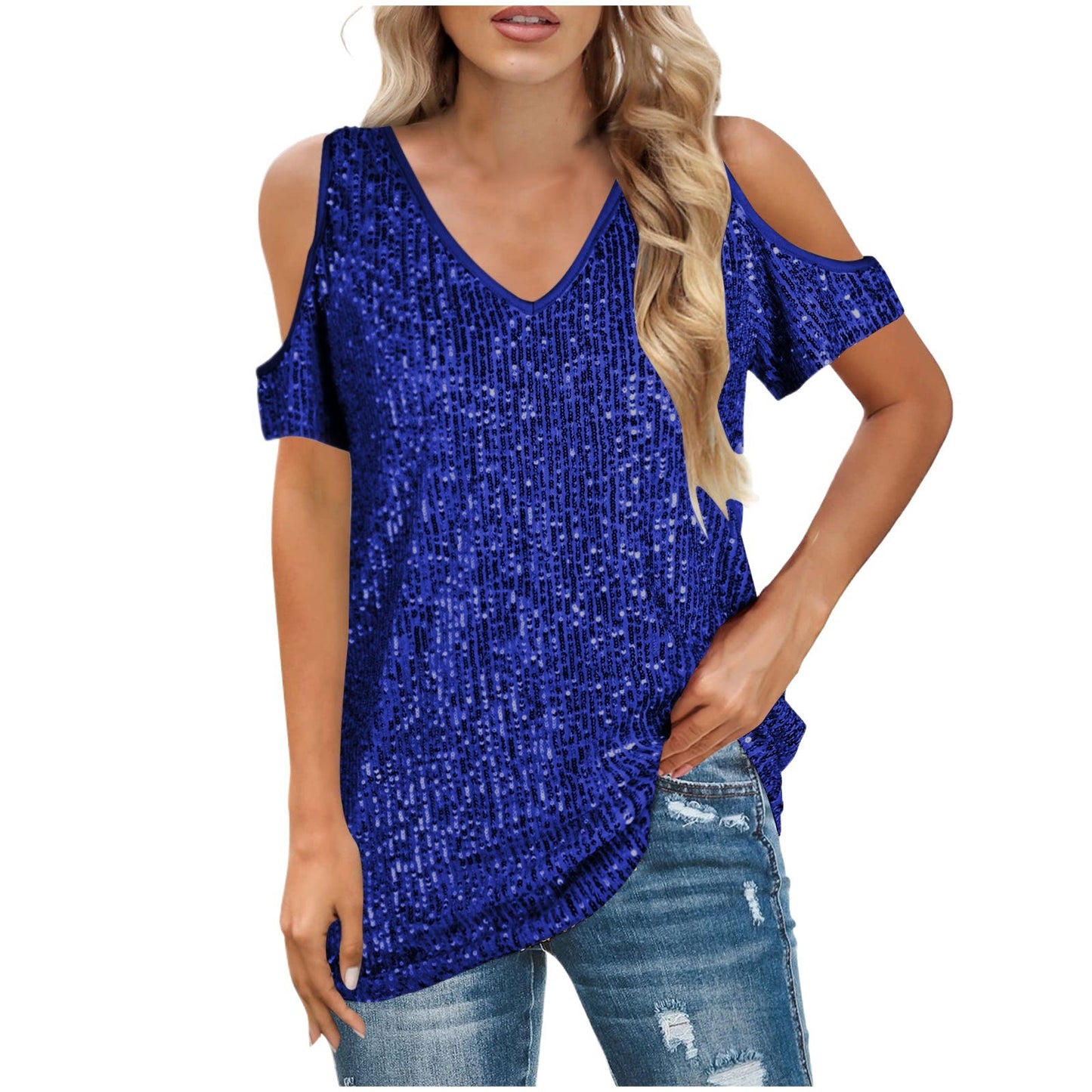 Top femme col V – Épaules dénudées – Coupe ample – Manches courtes – Devant à sequins