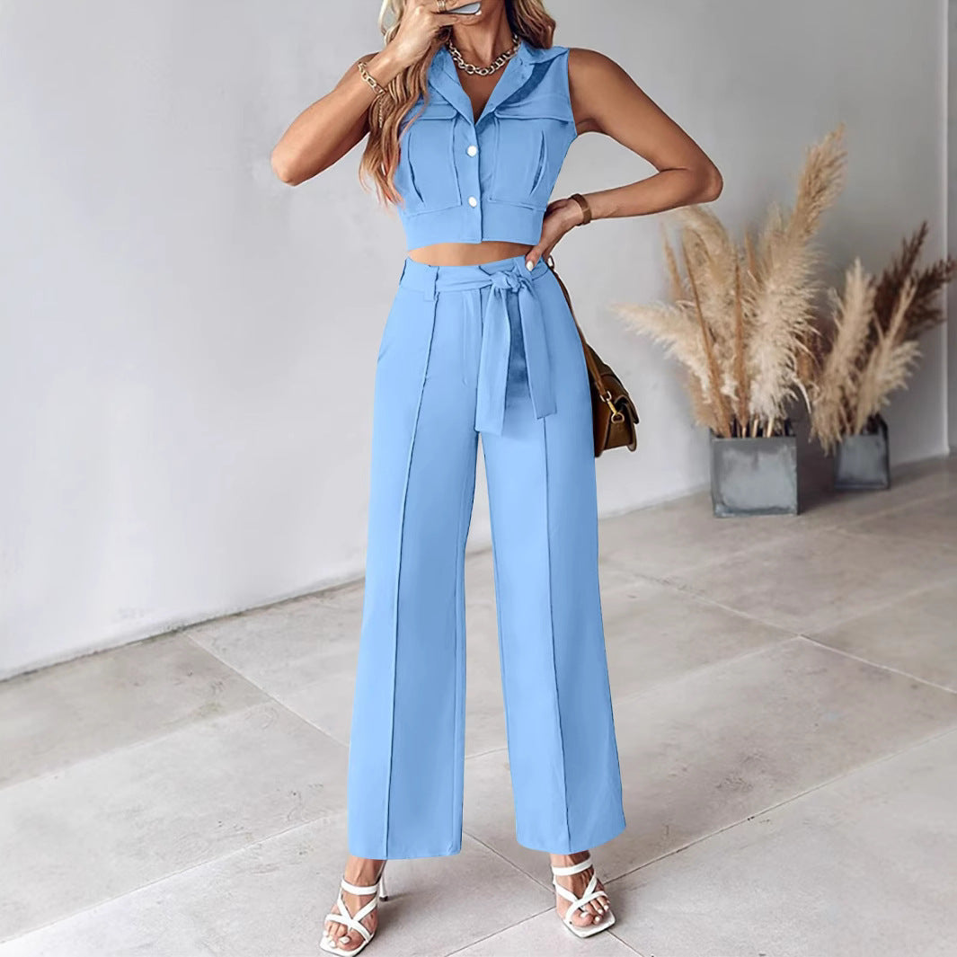 Ensemble pantalon femme – Crop top sans manches – Taille haute – Coupe large ceinturée