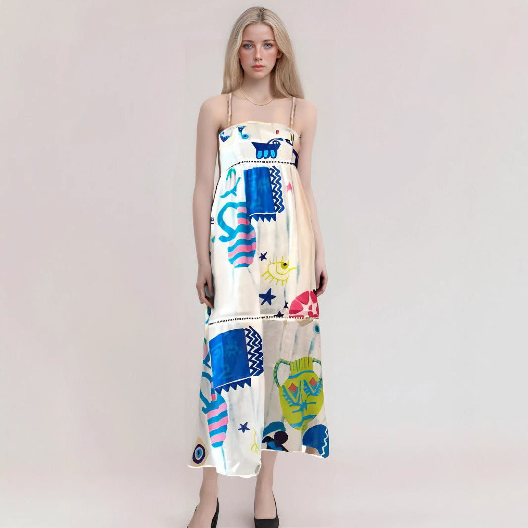 Robe longue femme – Sans manches – Imprimé artistique fluide – Tissu respirant