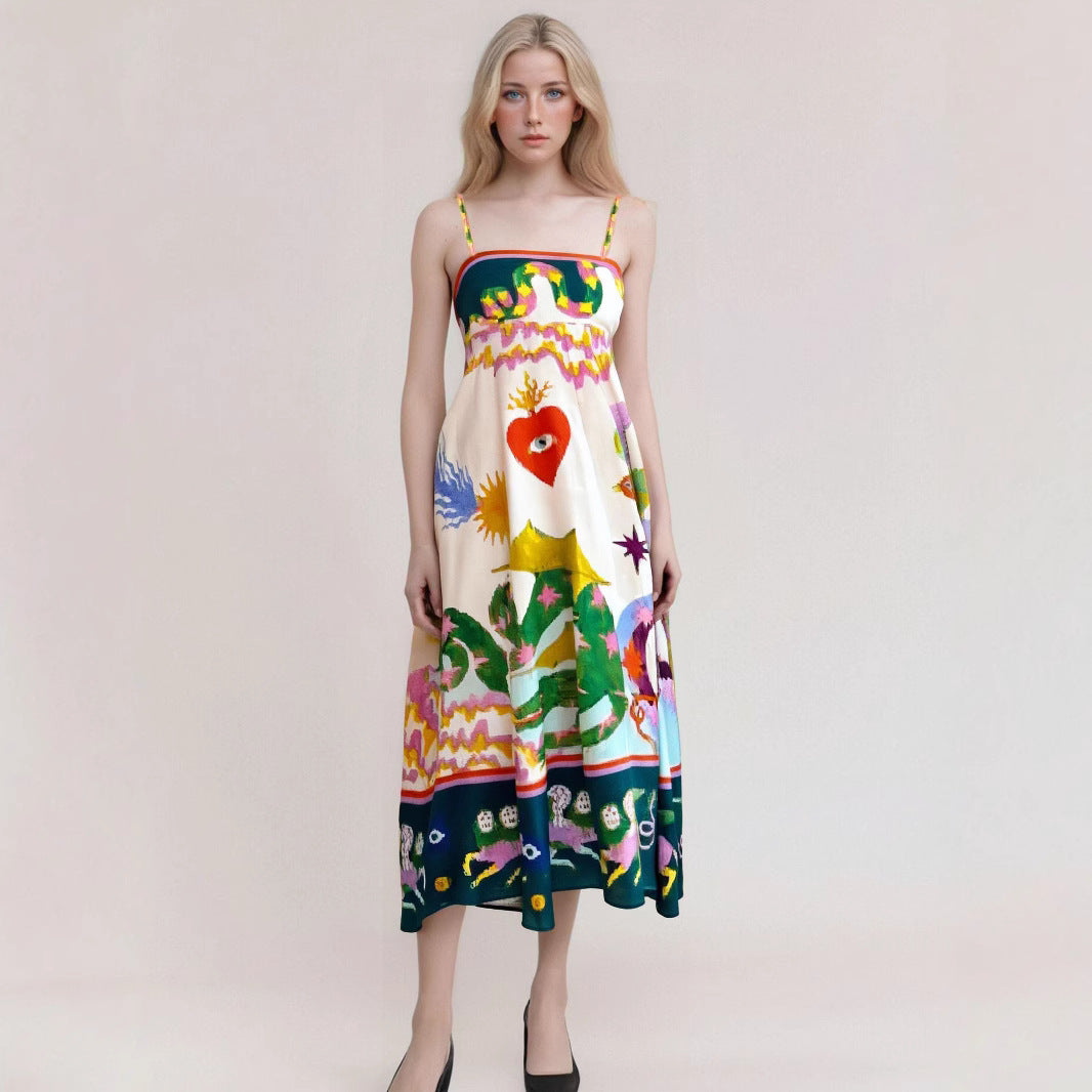 Robe longue femme – Sans manches – Imprimé artistique fluide – Tissu respirant