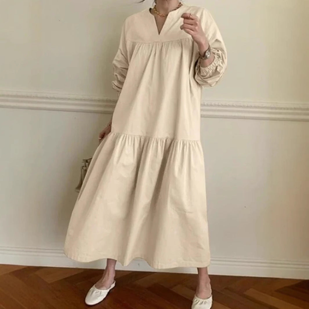 Robe longue femme – Coton lin – Coupe ample – Manches bouffantes – Col en V