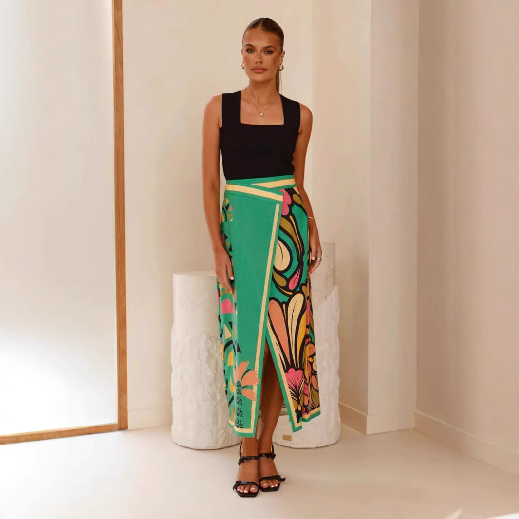 Jupe Midi Femme – Coupe Slim – Taille Haute – Fente Frontale – Imprimé Abstrait