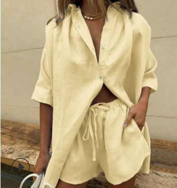Ensemble Femme – Chemise Ample Boutonnée et Short Taille Haute à Cordon