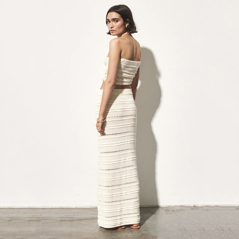 Ensemble Deux Pièces Femme – Crochet Respirant – Coupe Slim – Top Bandeau et Jupe Midi