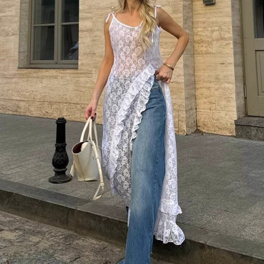 Robe femme en dentelle – Coupe évasée – Fente latérale – Bretelles à nouer – Volants