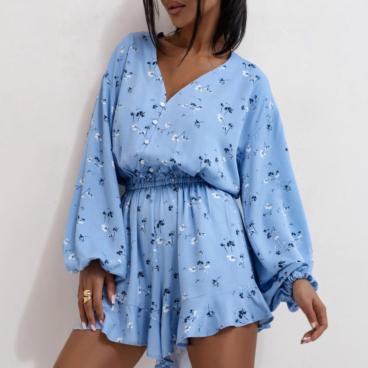 Combinaison Short Femme – Tissu Respirant – Manches Longues – Imprimé Abstrait – Taille Cintrée