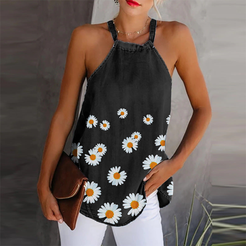 Top caraco femme – Denim léger – Coupe ample – Bretelles fines – Imprimé marguerites