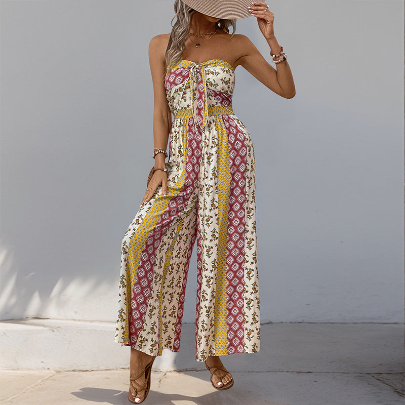 Pantalon large pour femme - Taille haute - Ceinture nouée - Motif bohème