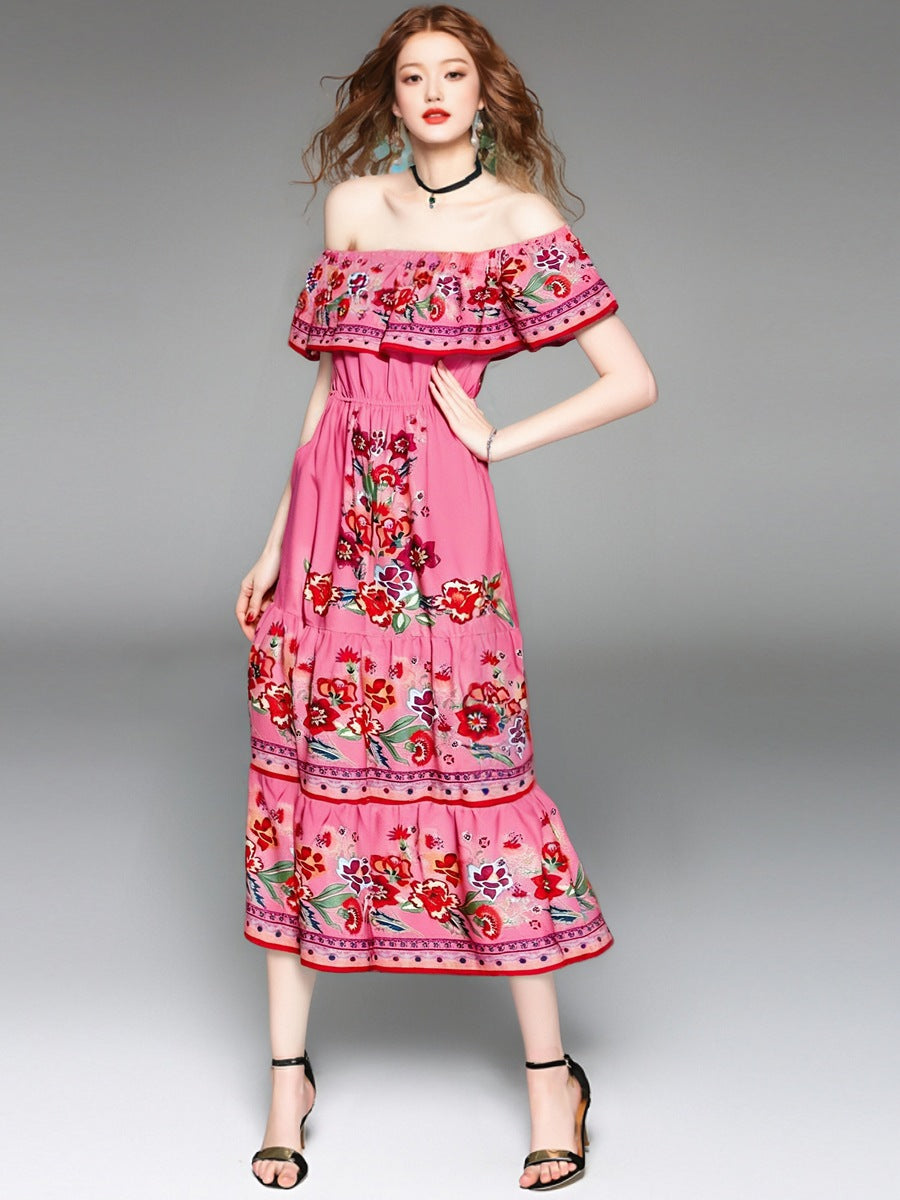 Robe maxi femme – épaules dénudées – imprimé fleuri – jupe à volants fluide