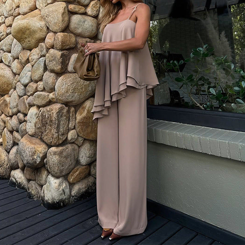 Ensemble Femme Deux Pièces – Haut Asymétrique Drapé Sans Manches – Pantalon Droit Ajusté