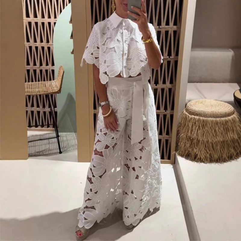 Ensemble femme – Haut court en dentelle à manches courtes – Pantalon large taille nouée