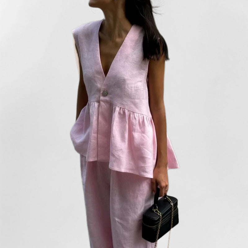 Ensemble Femme Gilet et Pantalon – Lin Léger – Taille Haute – Coupe Ample Évasée