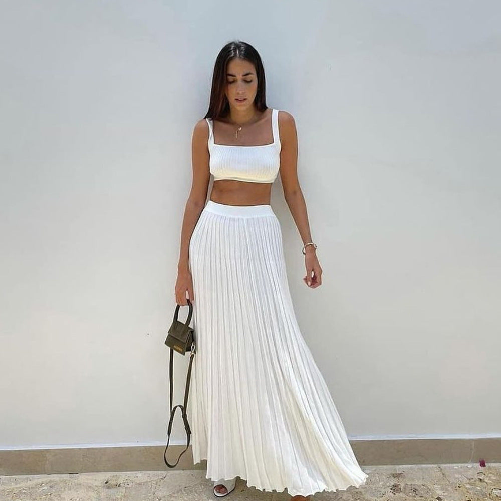 Ensemble Femme Débardeur Côtelé Court – Coupe Slim – Jupe Longue Plissée Fluide
