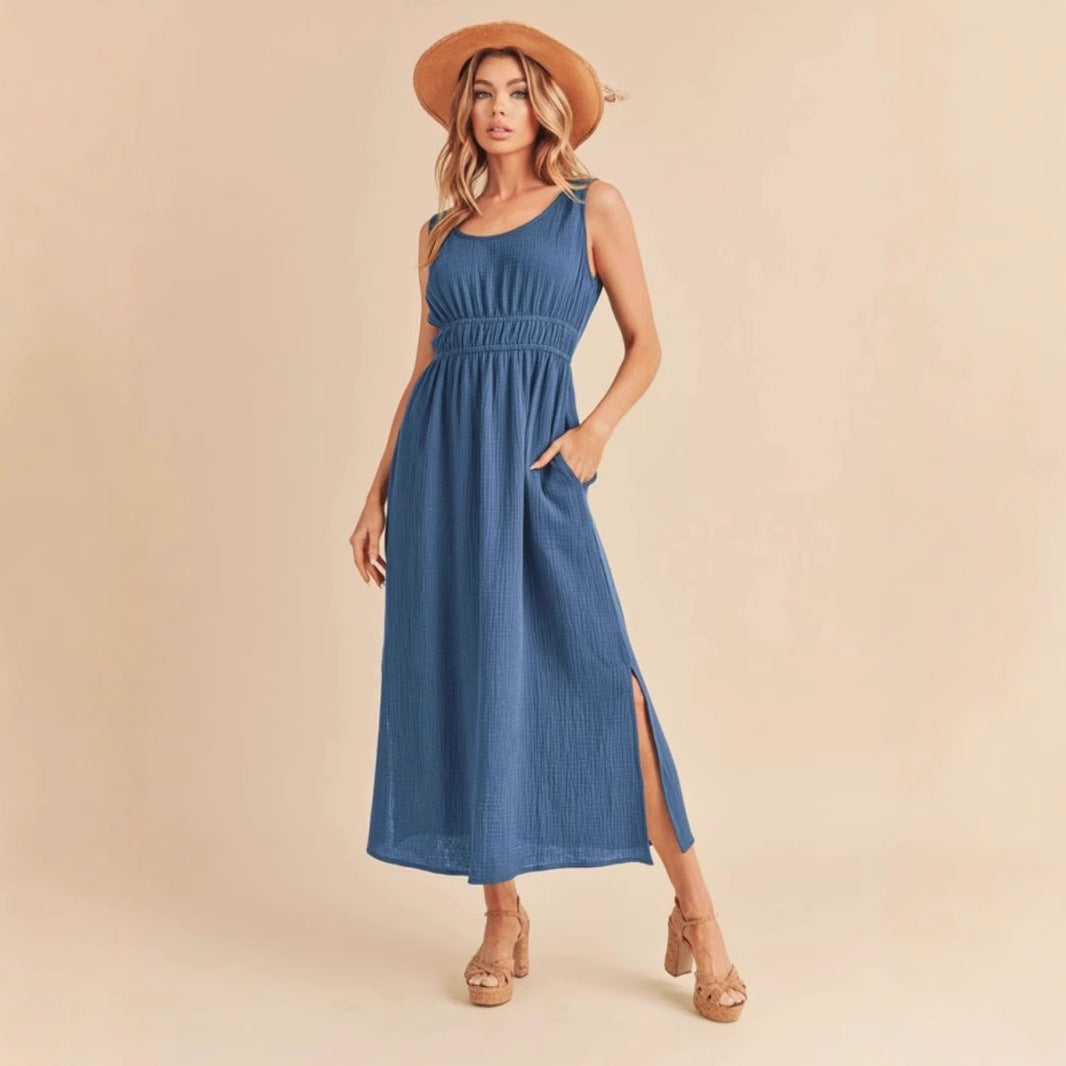 Robe Femme Sans Manches – Coupe Évasée – Tissu Respirant – Longueur Midi