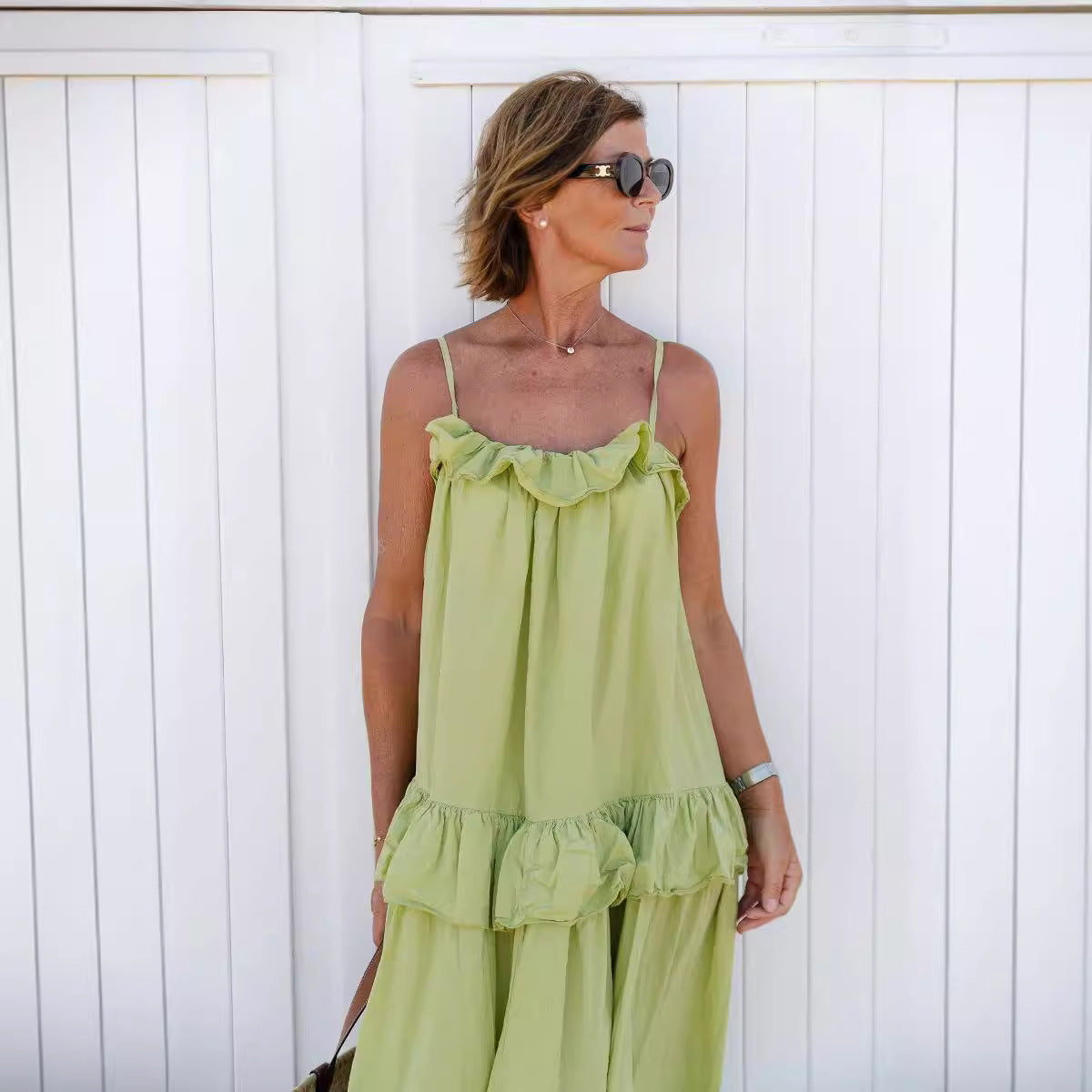 Robe longue femme – Coupe fluide – Bretelles fines – Volants