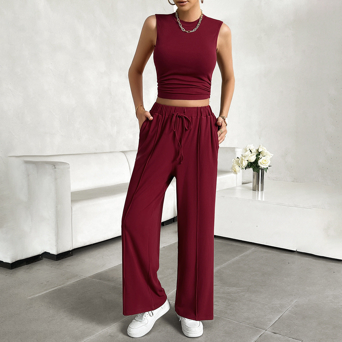 Ensemble Femme 2 Pièces – Crop Top Sans Manches – Pantalon Large Taille Haute
