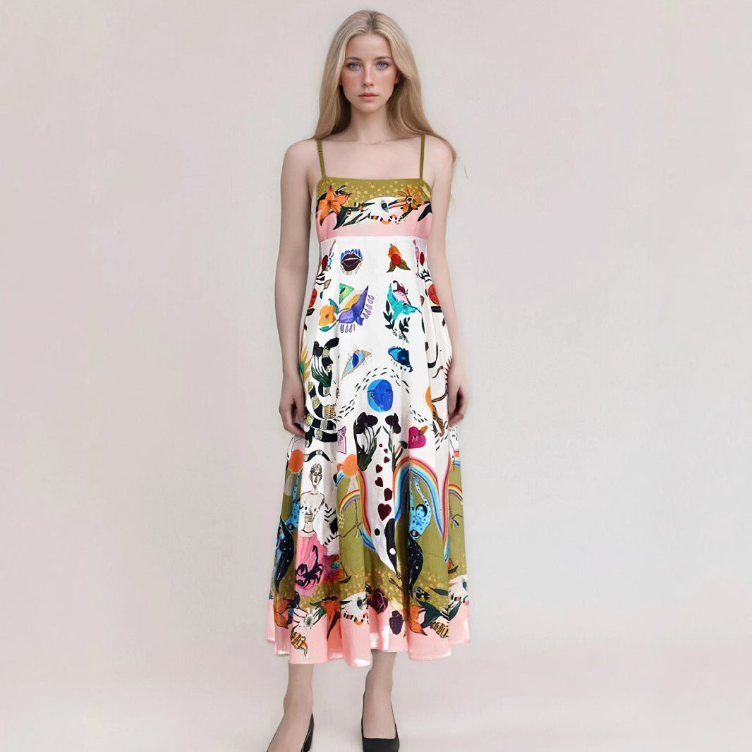 Robe longue femme – Sans manches – Imprimé artistique fluide – Tissu respirant