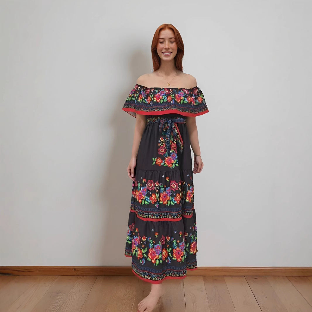 Robe maxi femme – épaules dénudées – imprimé fleuri – jupe à volants fluide