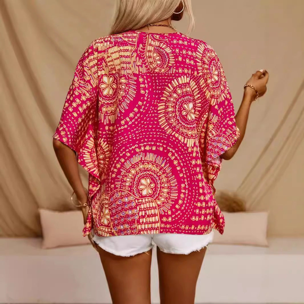 Top femme col V – Coupe ample – Manches chauve-souris