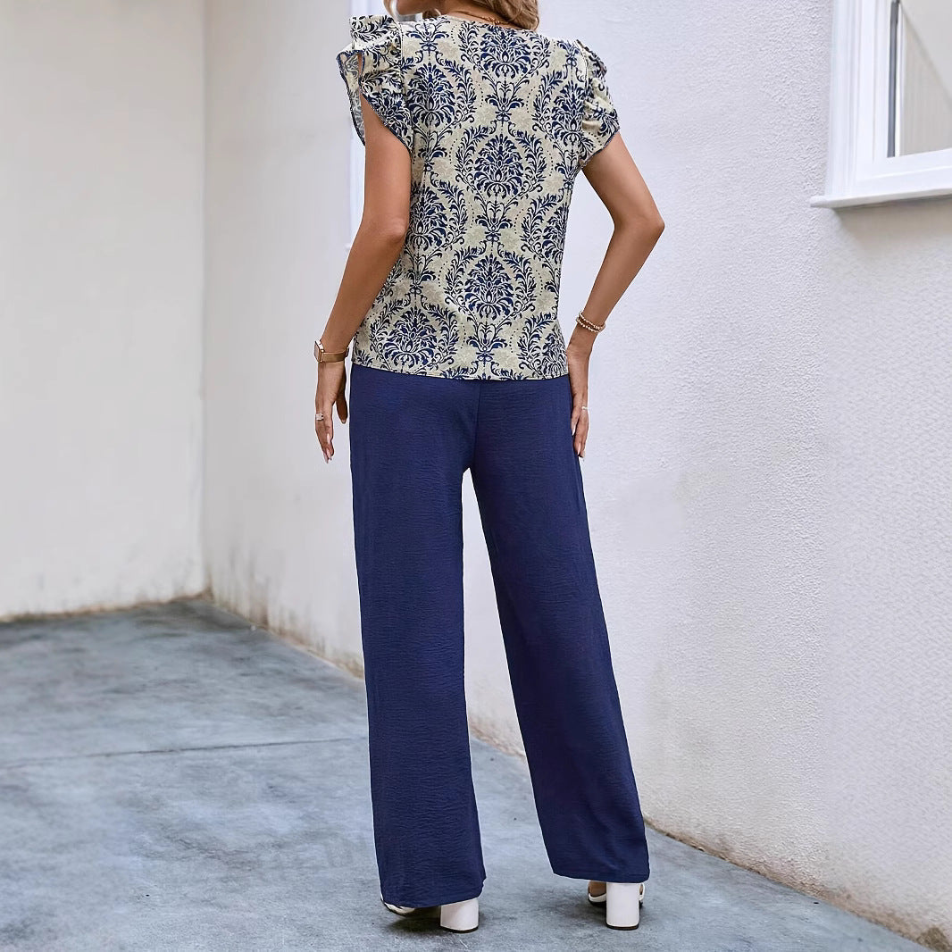 Ensemble Femme – Haut Floral Col V Manches Volants – Pantalon Large Ceinturé