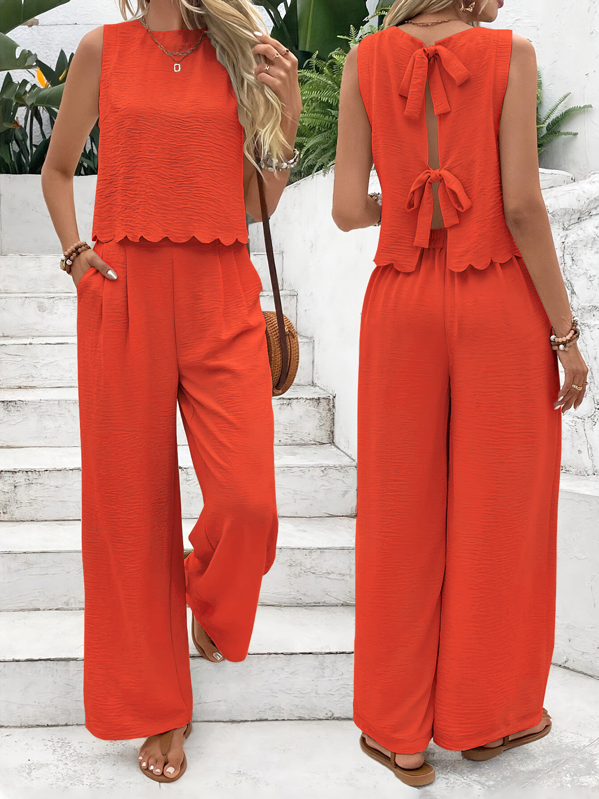Ensemble Femme Débardeur Court et Pantalon Large – Tissu Léger – Coupe Décontractée