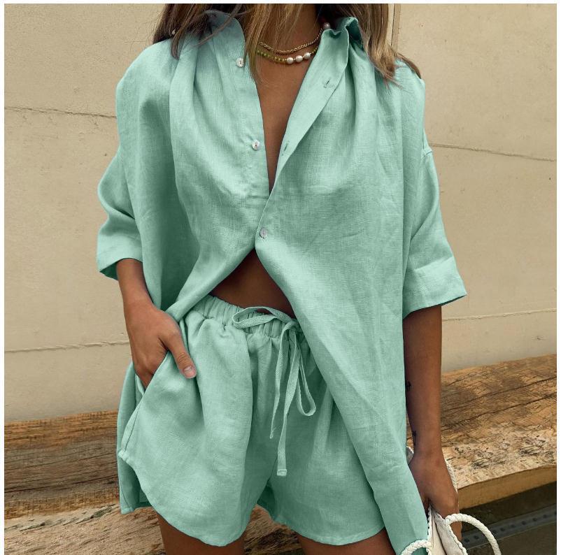 Ensemble Chemise et Short Femme – Coupe Ample – Lin Mélangé – Décontracté Respirant