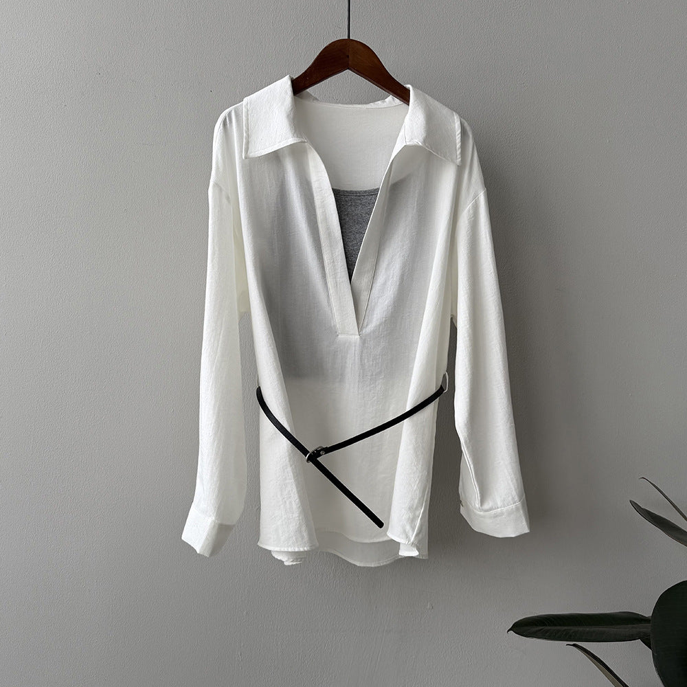 Blouse femme – Coupe décontractée – Manches longues – Col à revers – Ceinture intégrée