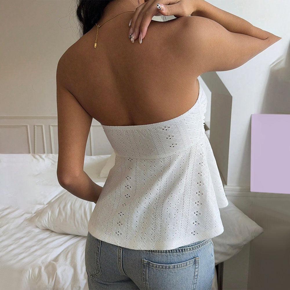 Top bustier femme – Sans bretelles – Tissu broderie anglaise – Taille cintrée – Effet basque
