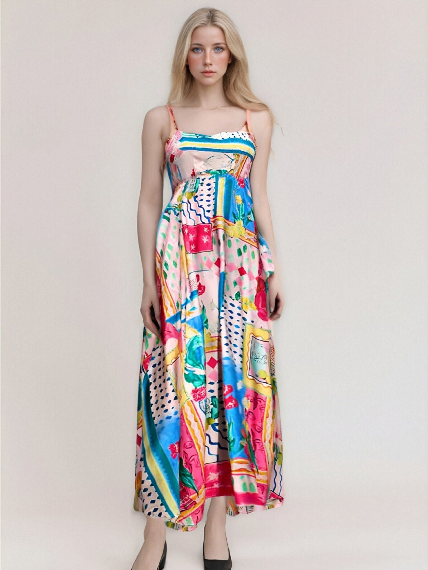 Robe longue femme – Sans manches – Imprimé artistique fluide – Tissu respirant