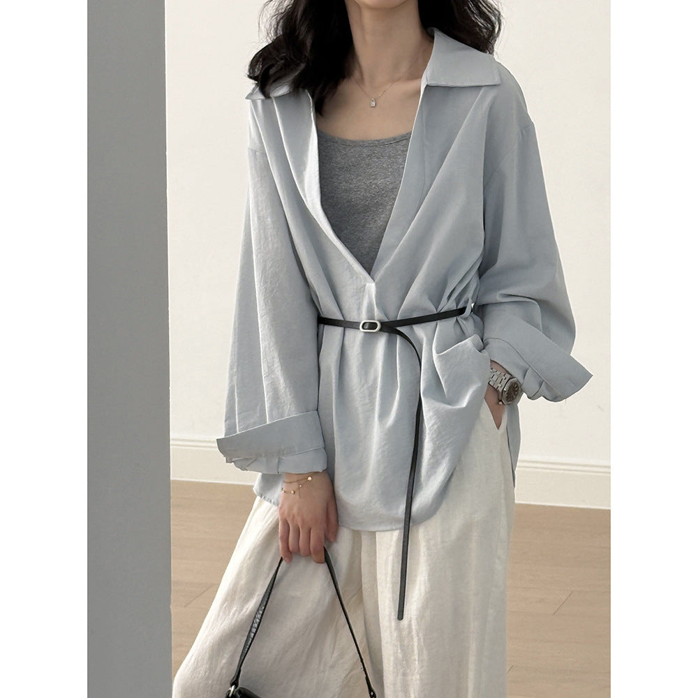 Blouse femme – Coupe décontractée – Manches longues – Col à revers – Ceinture intégrée