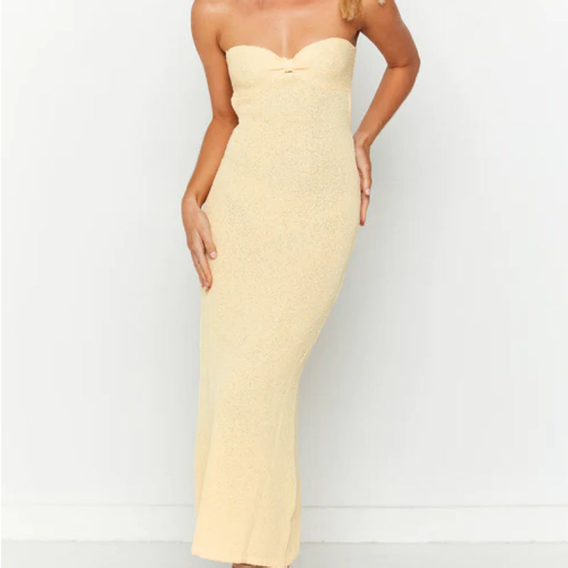 Robe femme – Maille douce – Coupe slim – Sans bretelles – Dos nu – Longue élégante