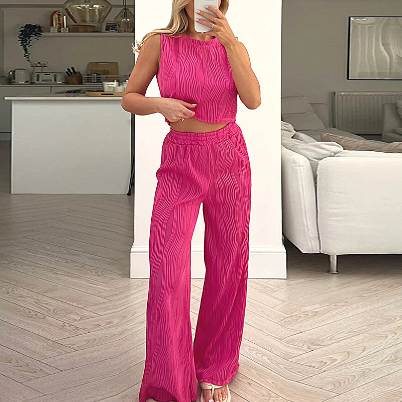 Ensemble femme deux pièces – Haut court sans manches – Pantalon taille haute droit côtelé