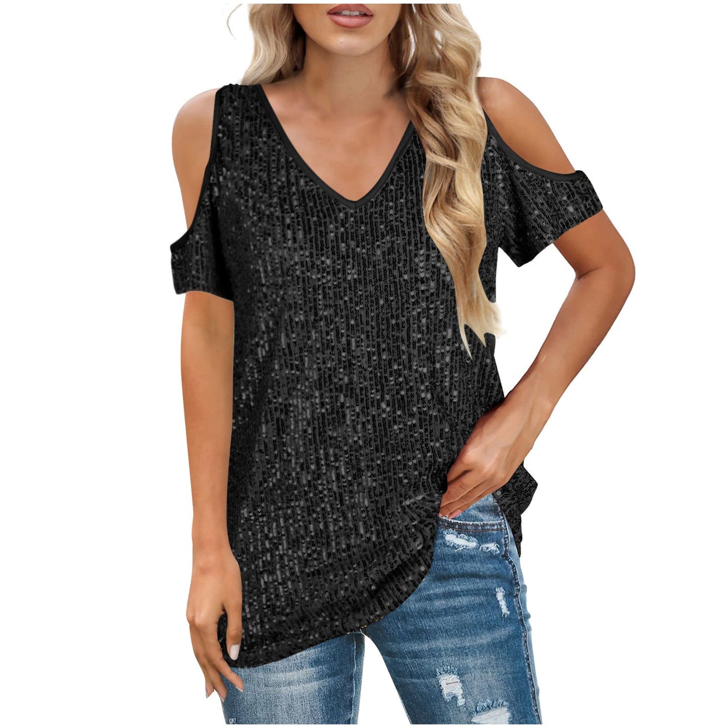 Top femme col V – Épaules dénudées – Coupe ample – Manches courtes – Devant à sequins