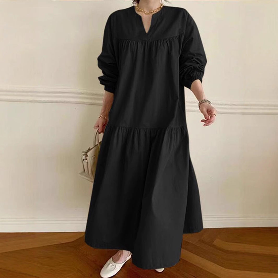 Robe longue femme – Coton lin – Coupe ample – Manches bouffantes – Col en V