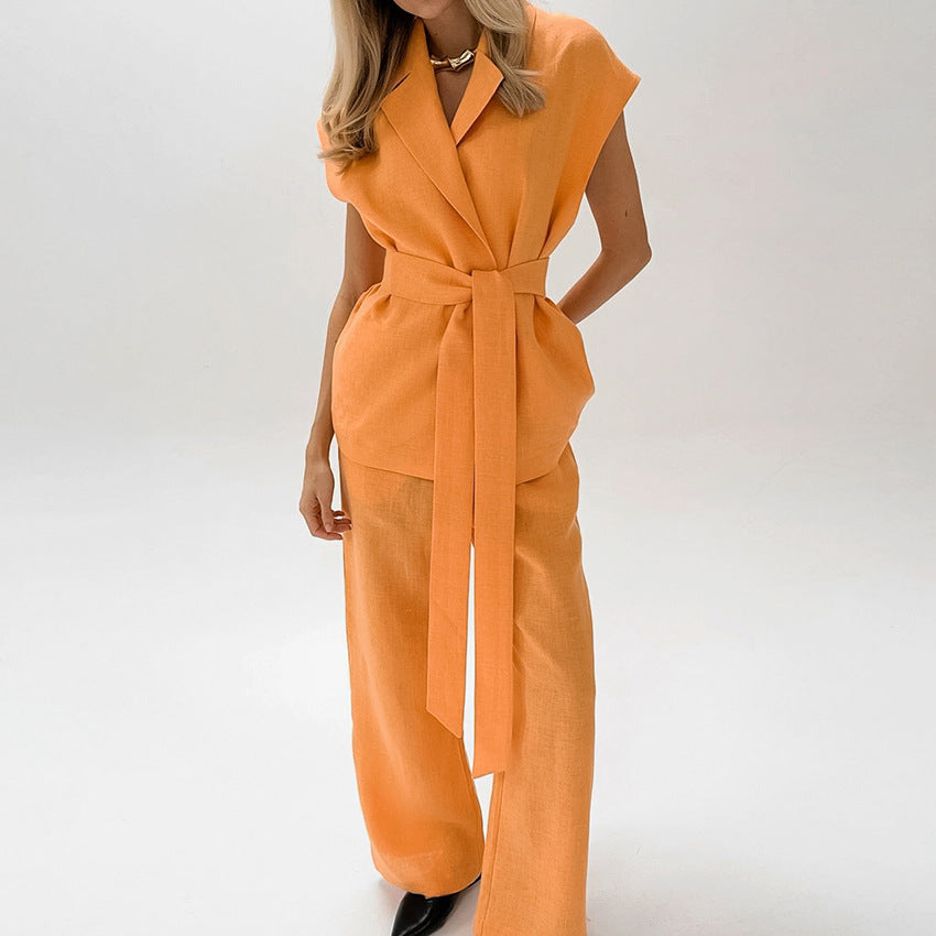Ensemble Femme Top Sans Manches et Pantalon Large – Taille Ceinturée – Tissu Léger Respirable