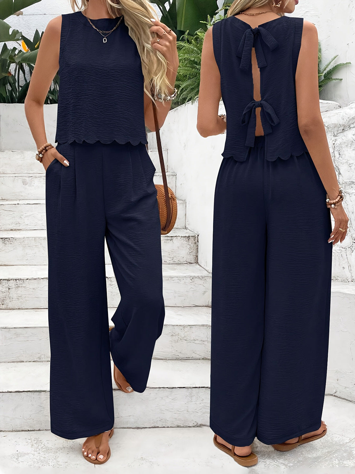 Ensemble Femme Débardeur Court et Pantalon Large – Tissu Léger – Coupe Décontractée