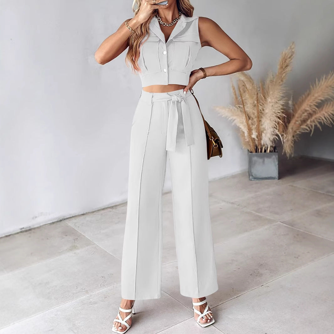 Ensemble pantalon femme – Crop top sans manches – Taille haute – Coupe large ceinturée