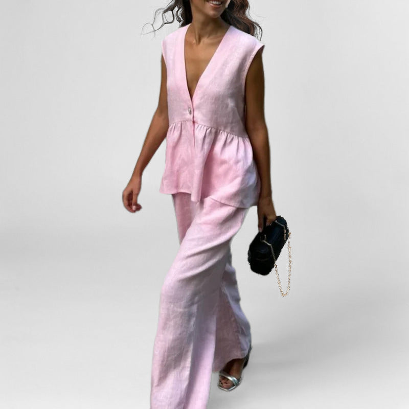 Ensemble Femme Gilet et Pantalon – Lin Léger – Taille Haute – Coupe Ample Évasée