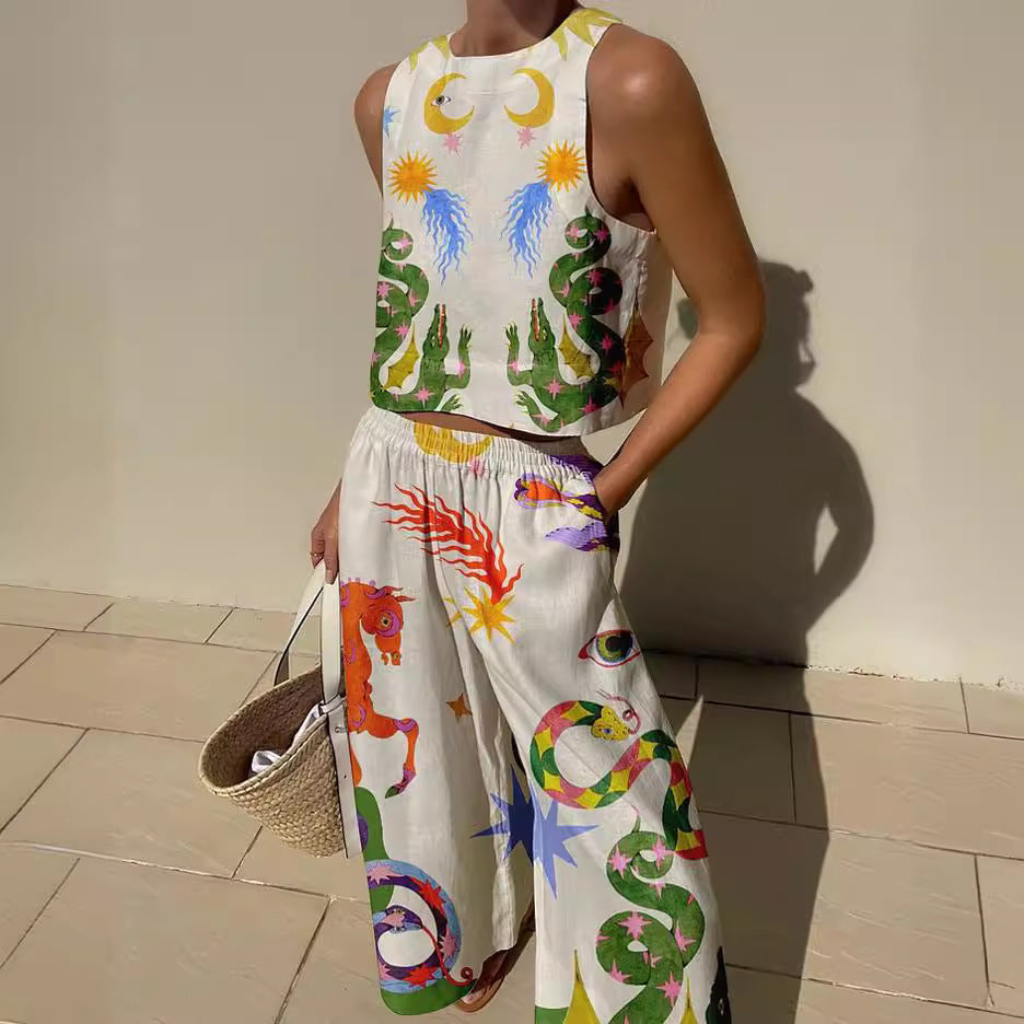 Top court sans manches femme – Coton léger – Coupe décontractée – Motifs artistiques