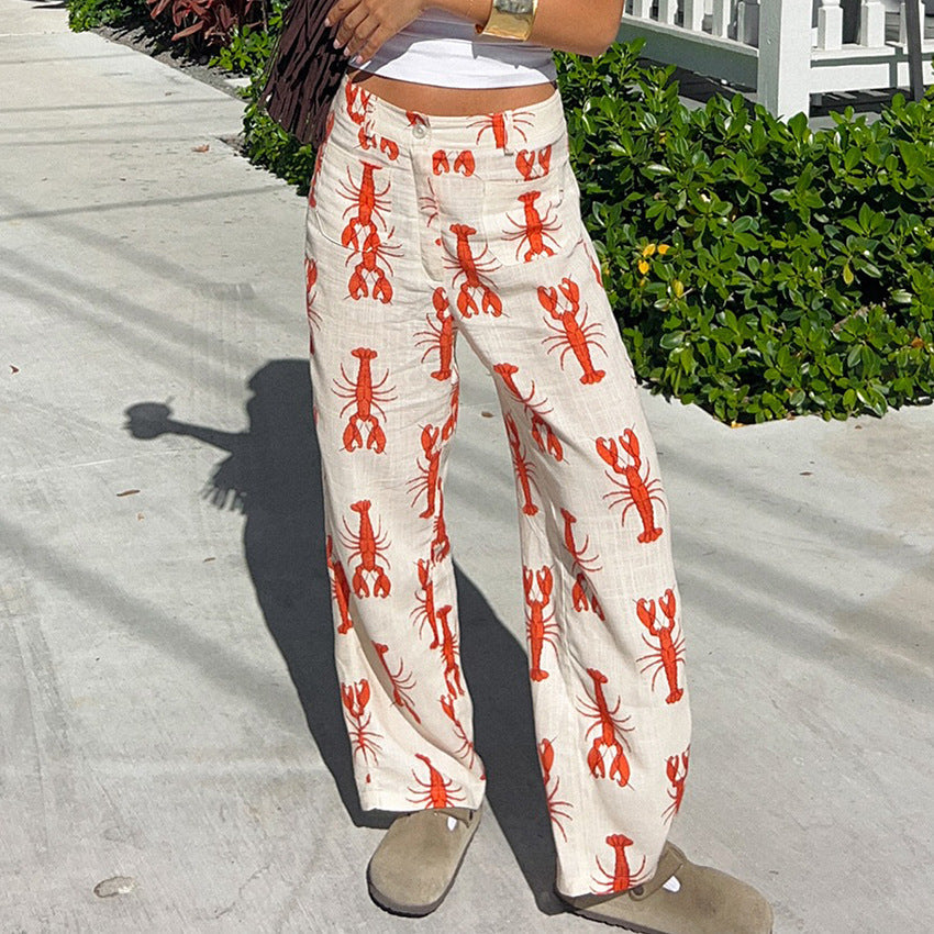 Pantalon femme coupe droite – Tissu respirant – Imprimé homards – Coupe décontractée