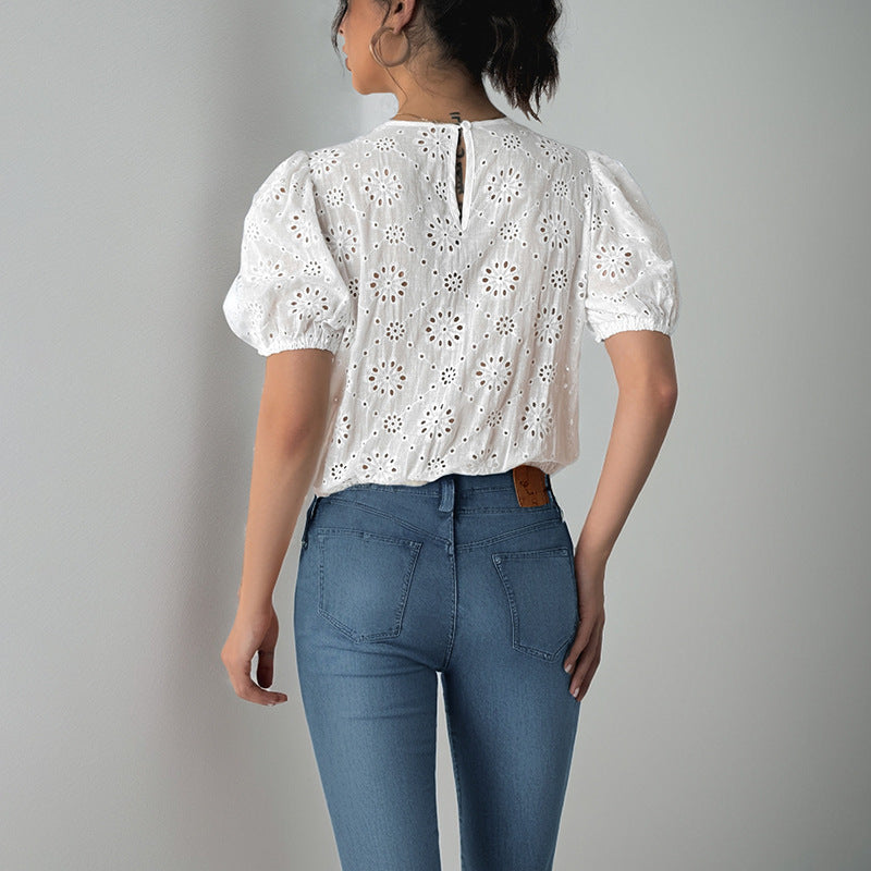 Blouse femme – Coupe décontractée – Dentelle ajourée – Manches bouffantes – Liens devant
