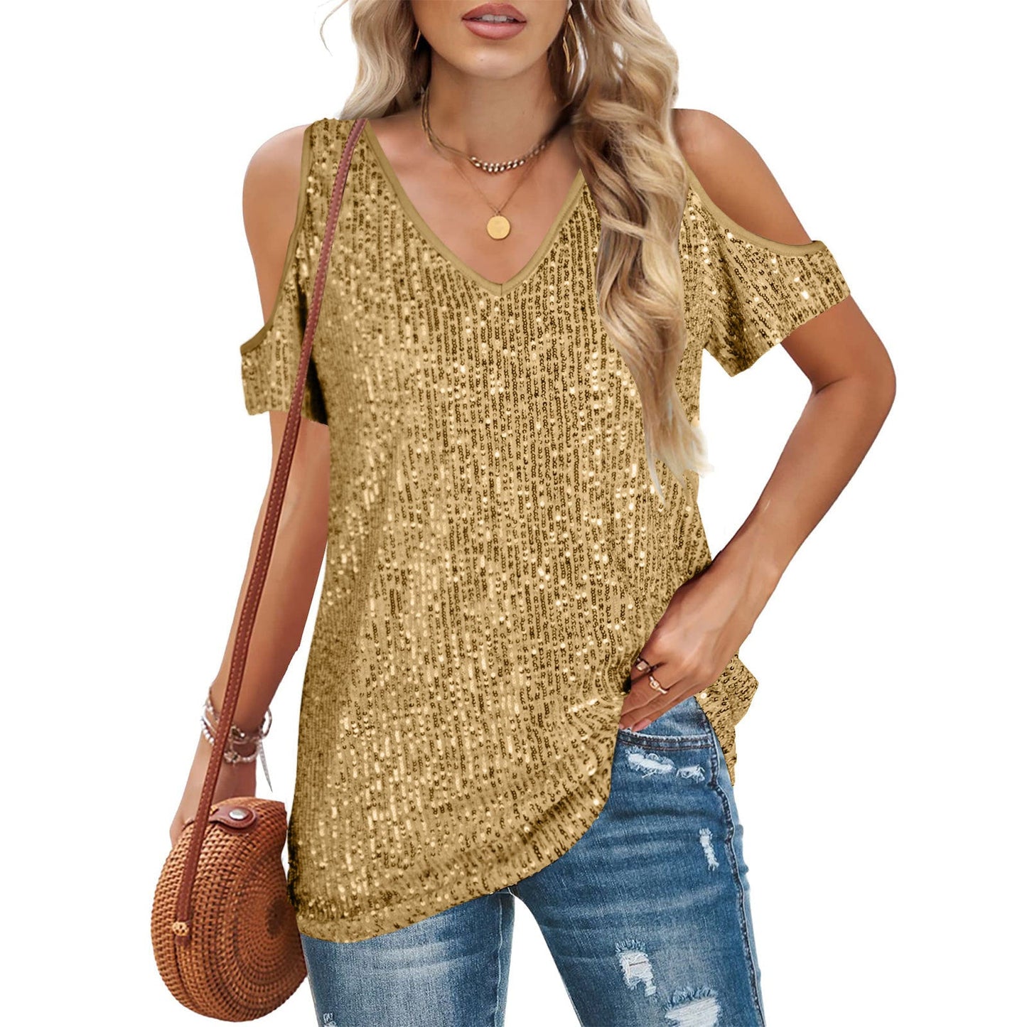 Top femme col V – Épaules dénudées – Coupe ample – Manches courtes – Devant à sequins