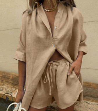 Ensemble Femme – Chemise Ample Boutonnée et Short Taille Haute à Cordon