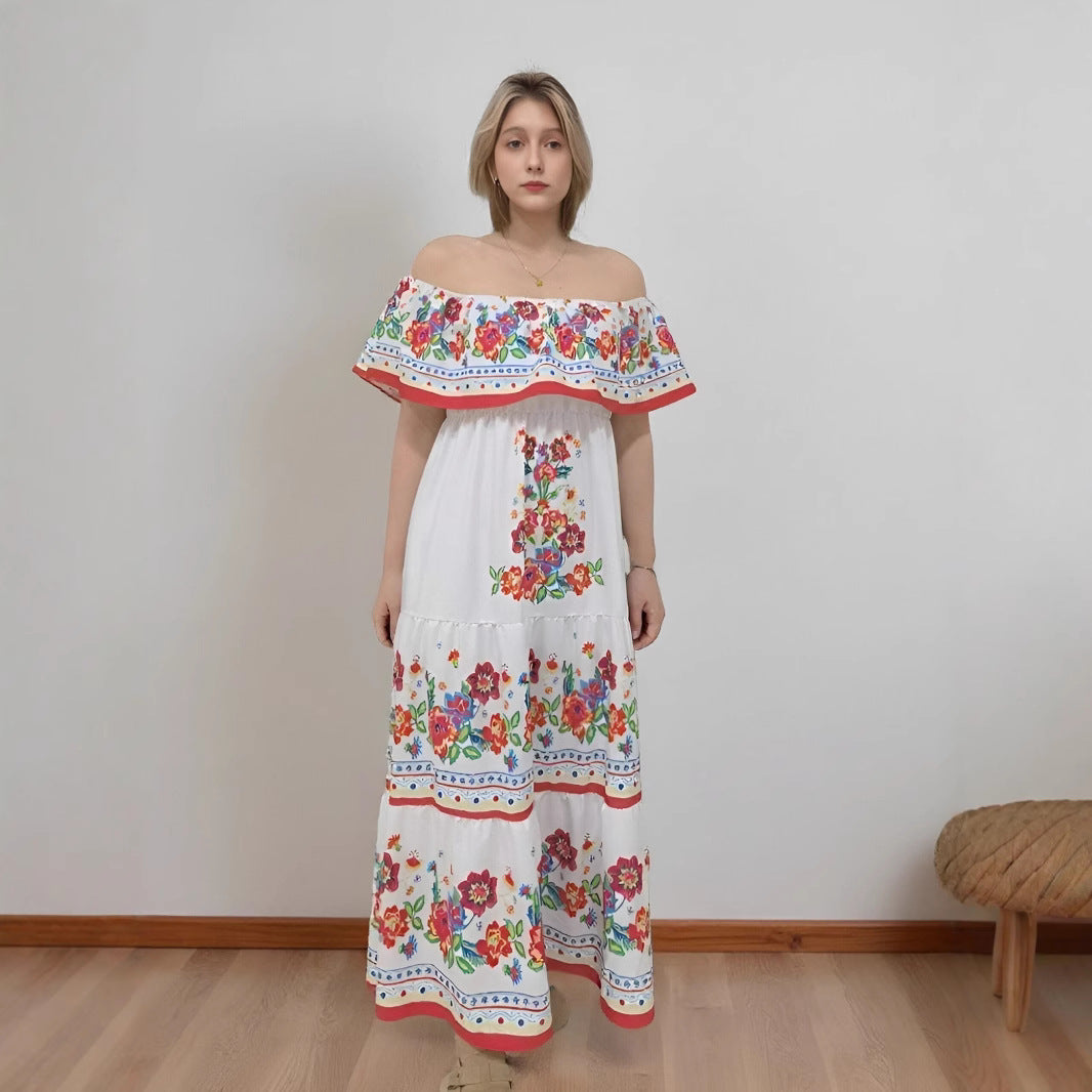 Robe maxi femme – épaules dénudées – imprimé fleuri – jupe à volants fluide