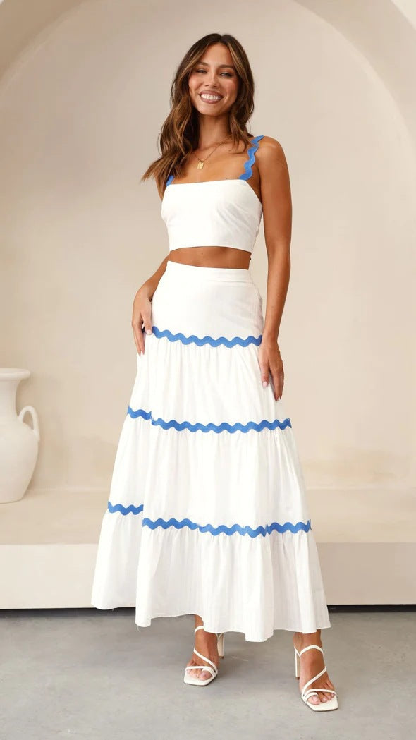 Ensemble Femme Deux Pièces – Top Court Asymétrique – Jupe Maxi Volantée Fluide