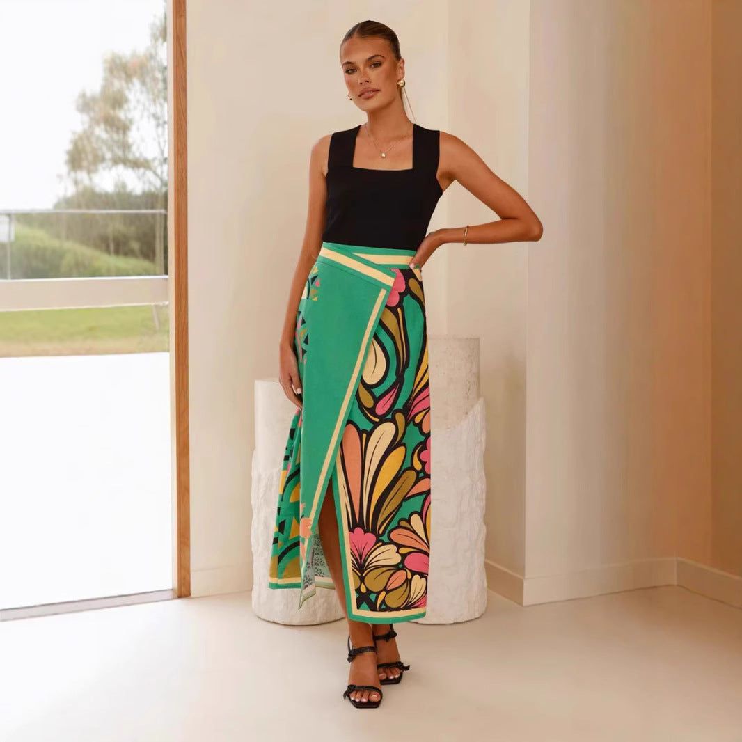 Jupe Midi Femme – Coupe Slim – Taille Haute – Fente Frontale – Imprimé Abstrait