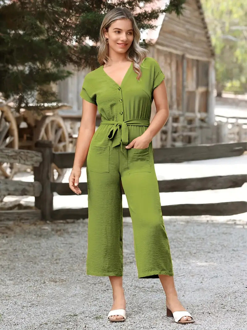 Combinaison Femme – Coton Léger – Coupe Ample – Manches Courtes – Ceinture – Boutonnée