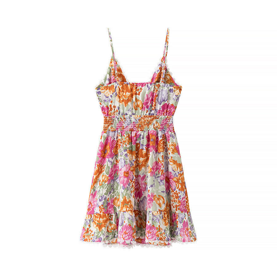 Robe femme mini – Coupe évasée – Bretelles fines – Nœud dos – Imprimé fleuri