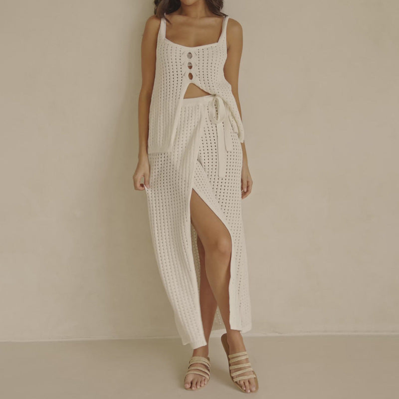Ensemble Femme Deux Pièces – Top Court Maille Boutonné – Jupe Longue Fendue Fluide