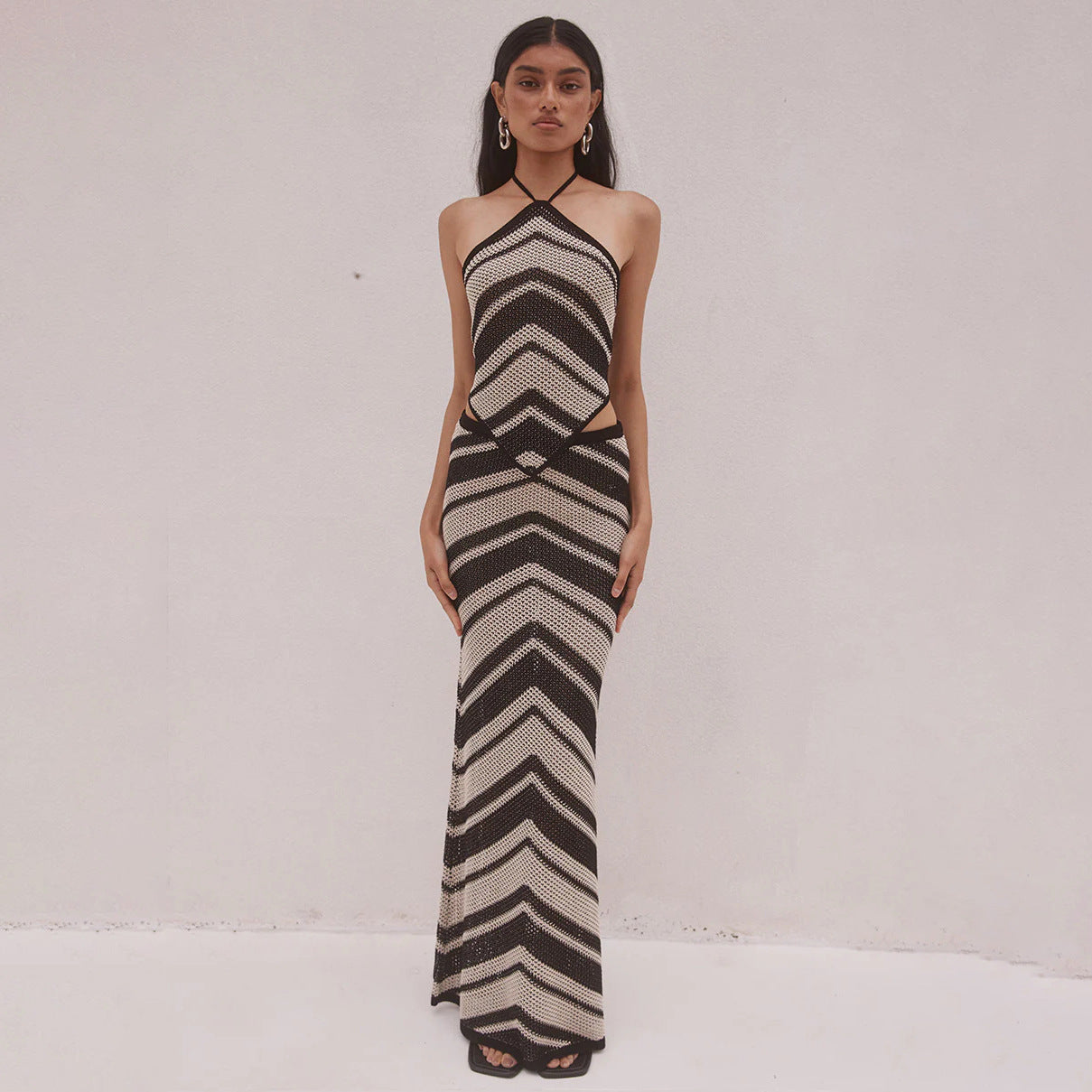 Ensemble de robes de corps pour femmes – Maille douce – Col halter – Découpes – Rayures géométriques – Midi